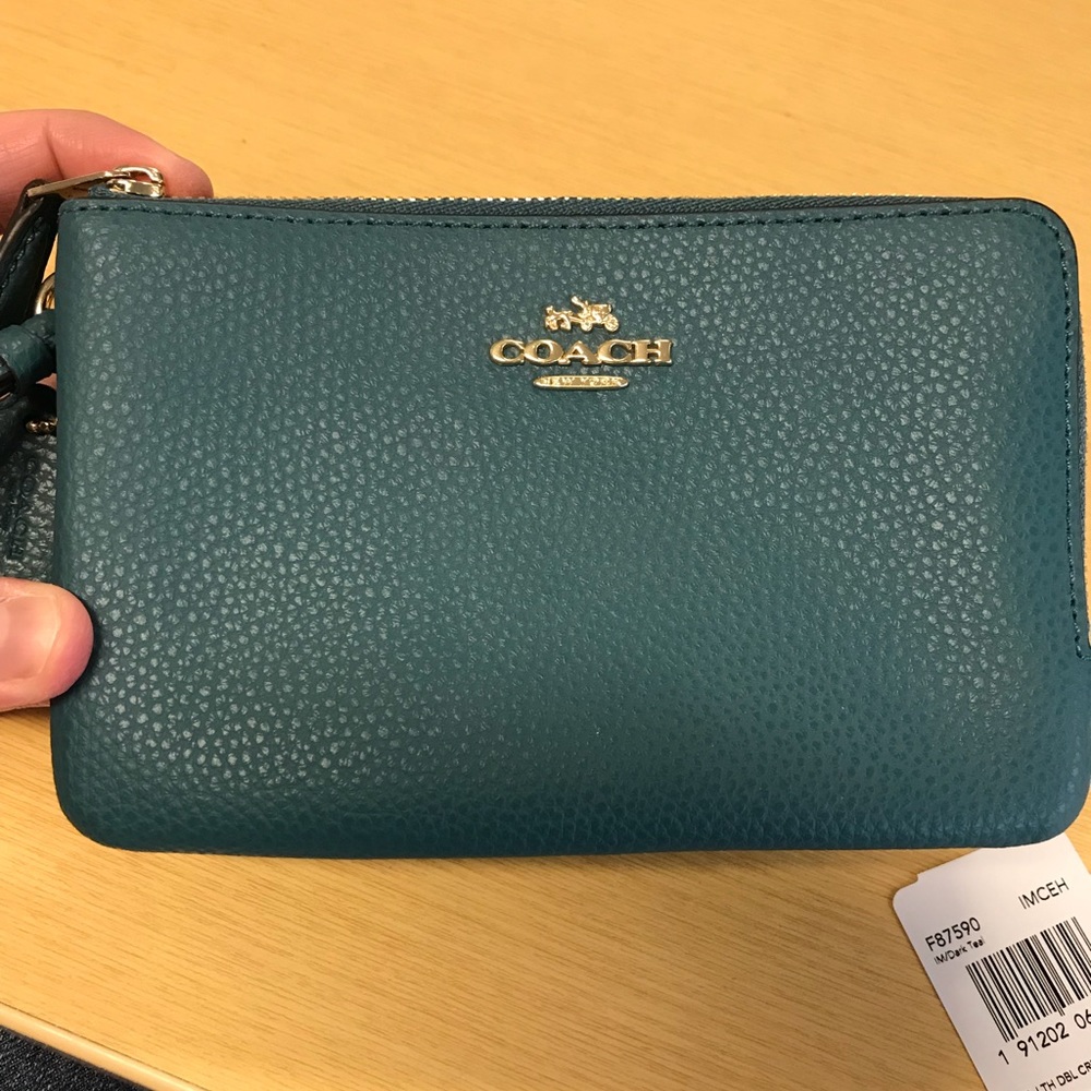 Coach Double Corner ZIP Wristlet Dark Teal NWT